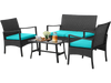 Rattan conversation set featuring a loveseat, two chairs, and a tempered glass coffee table with turquoise cushions by.