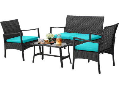 Costway 4-Piece Rattan Patio Conversation Set w/ Glass Coffee Table Turquoise 57916342 New