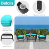 4-piece rattan conversation set with turquoise cushions, featuring a tempered glass coffee table and adjustable foot.