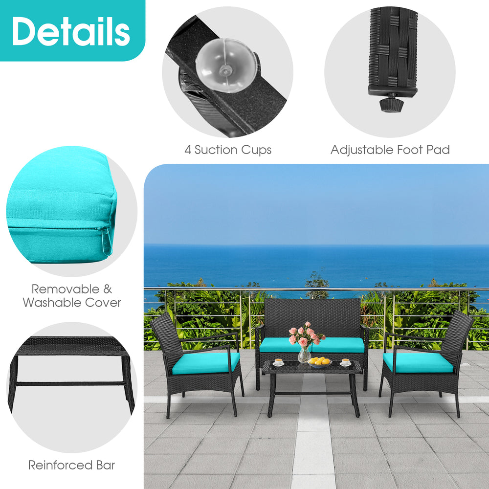 4-piece rattan conversation set with turquoise cushions, featuring a tempered glass coffee table and adjustable foot.