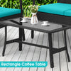 Rectangular coffee table with tempered glass top and PE wicker base, ideal for outdoor seating arrangements.