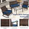 4-piece wicker rocking set with navy cushions, featuring PE rattan, curved armrests, and tempered glass table for.