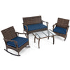 4-piece wicker rocking set with navy cushions, featuring a tempered glass coffee table for outdoor relaxation.