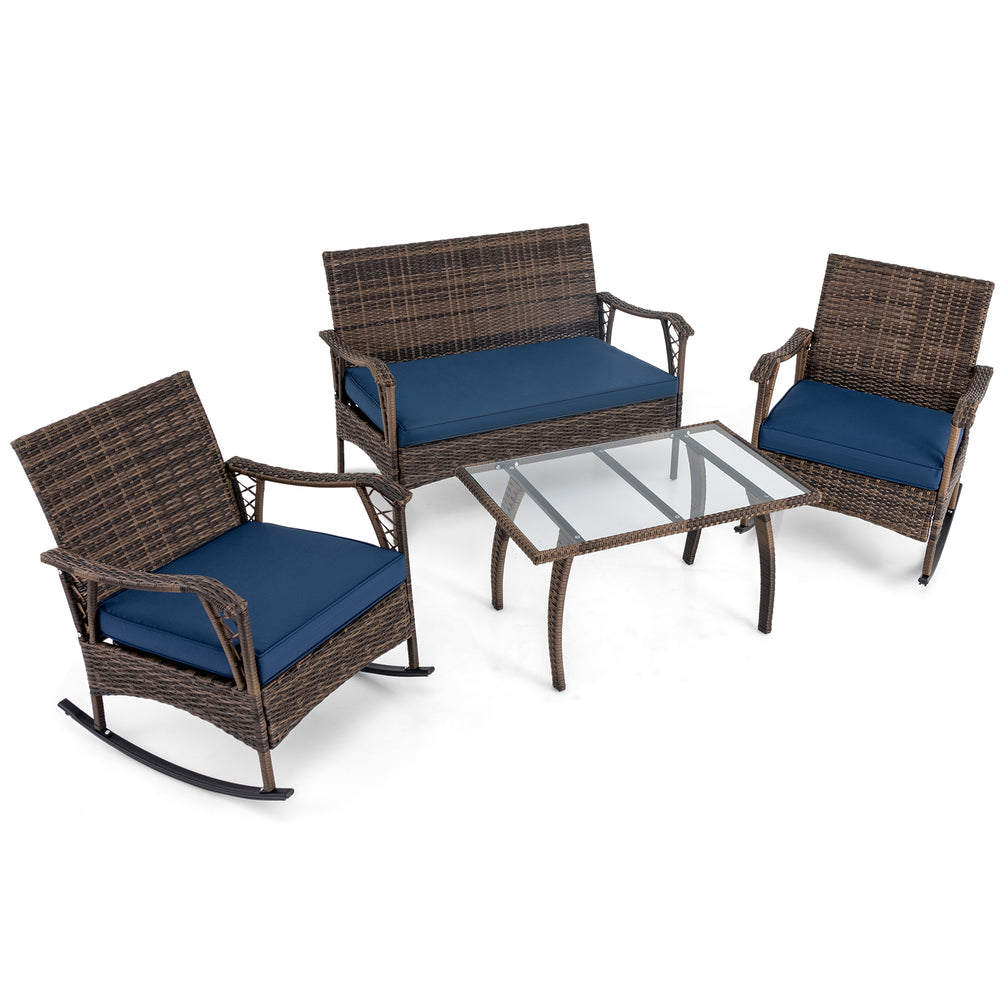 4-piece wicker rocking set with navy cushions, featuring a tempered glass coffee table for outdoor relaxation.