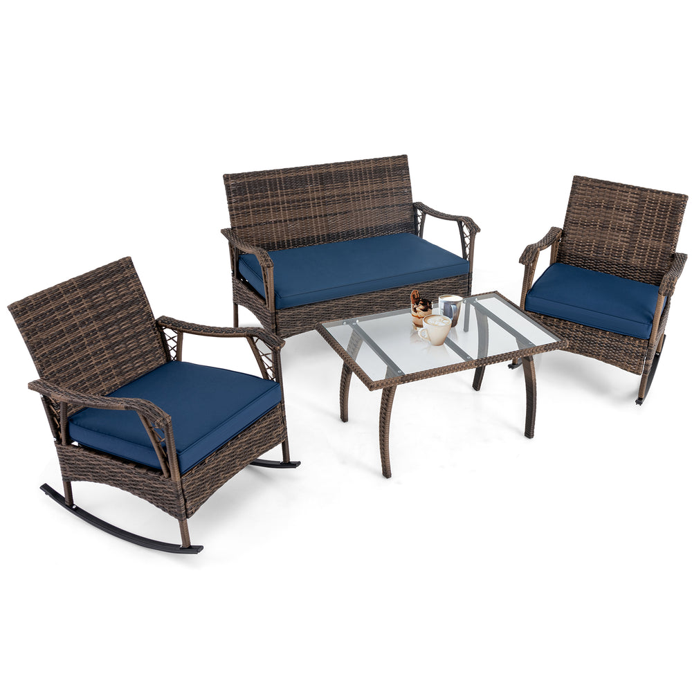 4-piece wicker rocking set with navy cushions, featuring a tempered glass coffee table, perfect for outdoor relaxation.