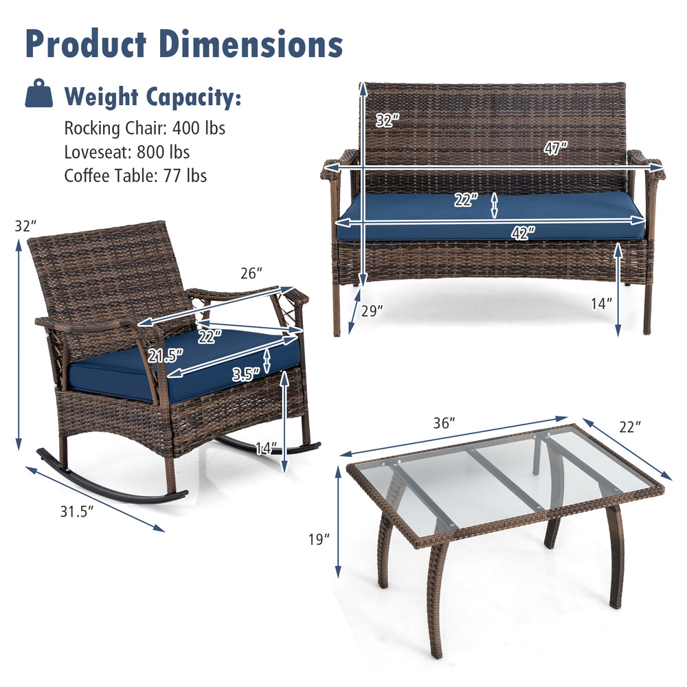 4-piece wicker rocking set featuring a navy bungee rope seat, ideal for backyard and porch relaxation.
