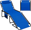 Navy 4 position folding lounge chaise with adjustable backrest, footrest, and side pocket for convenient storage.