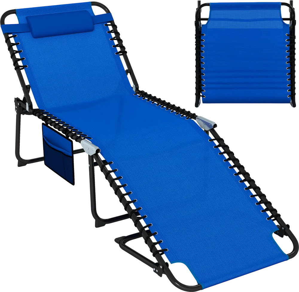 Navy 4 position folding lounge chaise with adjustable backrest, footrest, and side pocket for convenient storage.
