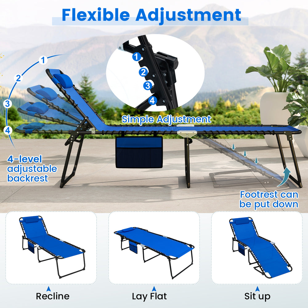 4-position folding lounge chaise in navy with adjustable backrest and footrest, ideal for poolside relaxation.