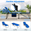 4-position folding lounge chaise in navy with adjustable backrest and footrest, ideal for poolside relaxation.