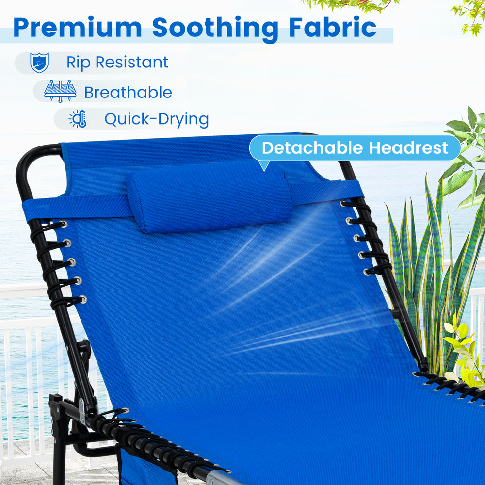 Navy 4 position folding lounge chaise with adjustable backrest, detachable headrest, and rip-resistant fabric for.