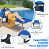 4-position folding lounge chaise in navy with adjustable backrest, detachable headrest, and side pocket for poolside.