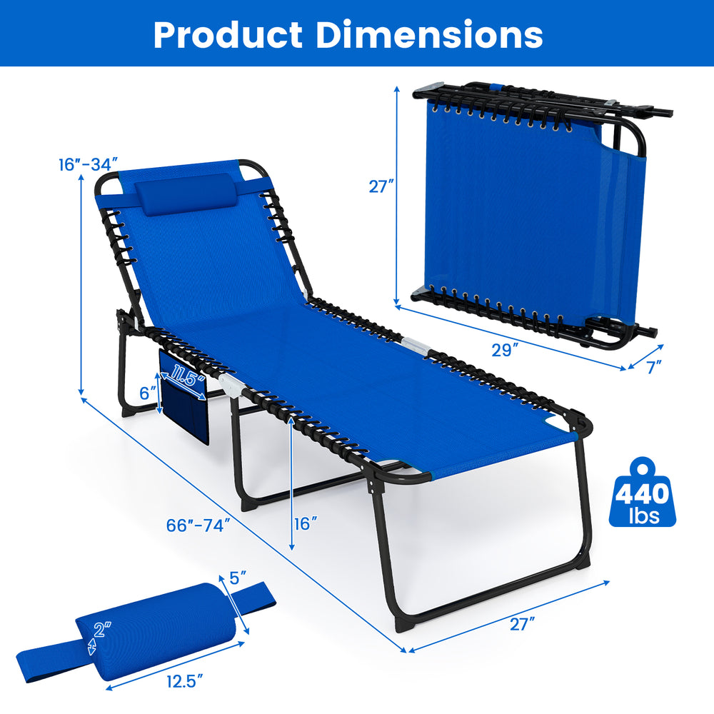 Adjustable backrest and footrest of the navy folding lounge chaise with dimensions, ideal for poolside relaxation.