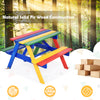 Multicolor 4-seat kids picnic table made of eco-friendly fir wood, perfect for outdoor meals and playtime.