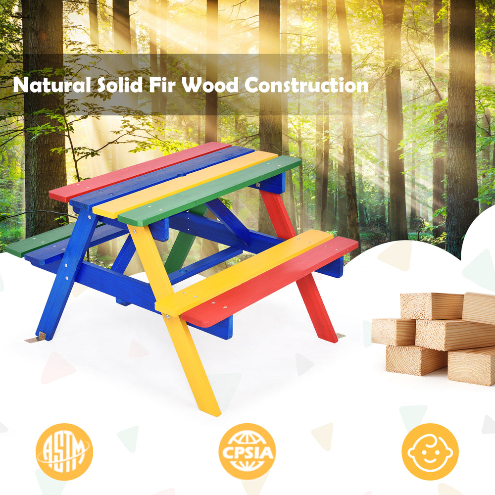 Multicolor 4-seat kids picnic table made of eco-friendly fir wood, perfect for outdoor meals and playtime.