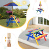 Multicolor kids picnic table with two benches and umbrella, made from eco-friendly fir wood, ideal for playtime and.