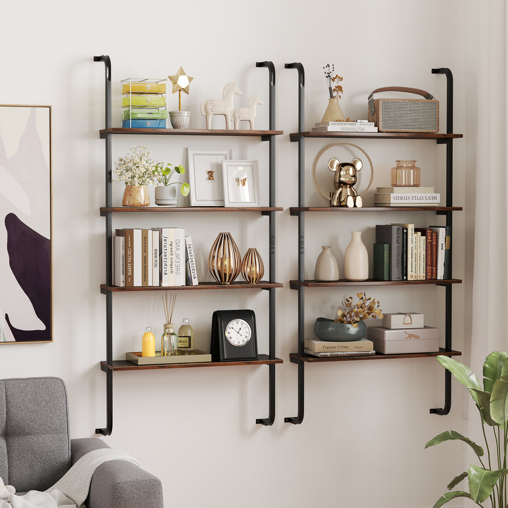 4-tier industrial pipe shelving in rustic brown, wall-mounted for space-saving, ideal for books and decor in living.