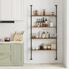 4-tier industrial pipe shelving in rustic brown, wall-mounted for space-saving, ideal for kitchen or living room.