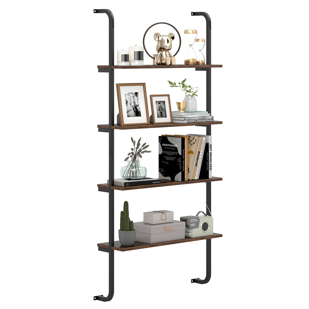 4-tier industrial pipe shelving in rustic brown with metal frame, ideal for organizing books and decor in small spaces.