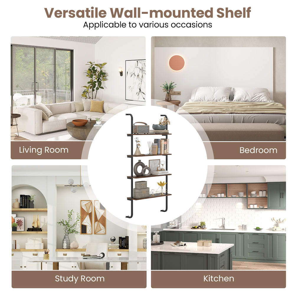 4-tier industrial pipe shelving in rustic brown, wall-mounted design for space-saving storage in living room or kitchen.