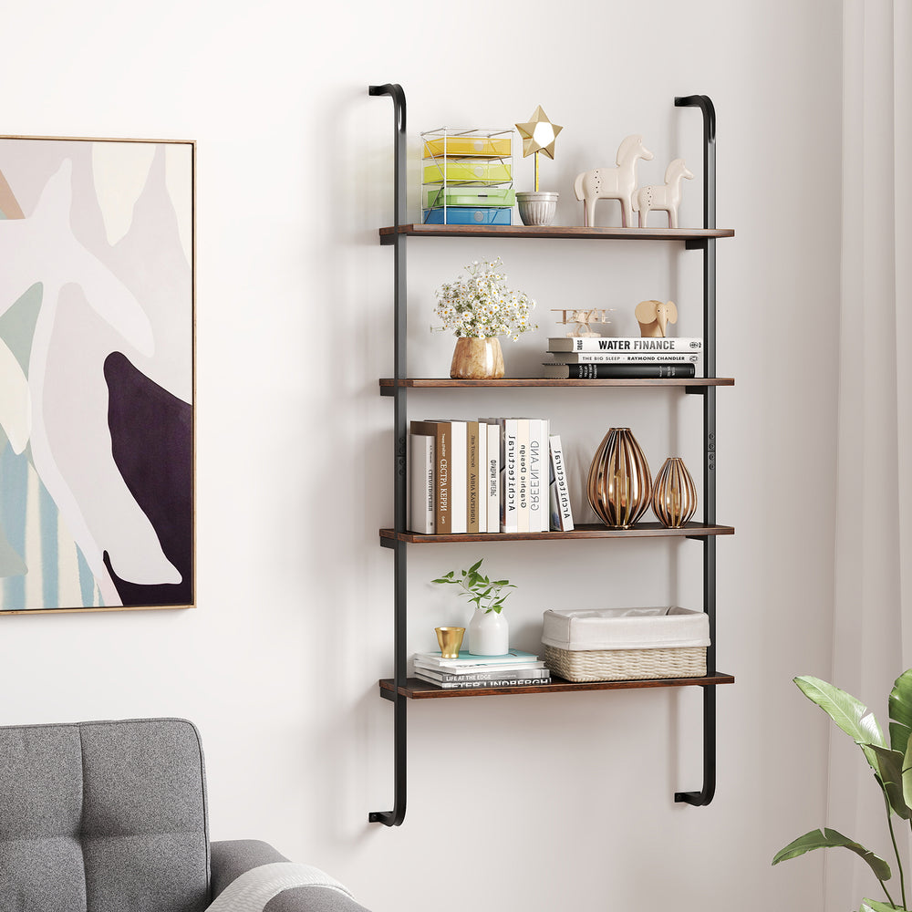4-tier industrial pipe shelving in rustic brown, wall-mounted for space-saving, ideal for books and decorative items.