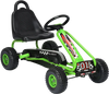 Green pedal-powered ride-on with adjustable seat and handbrake, designed for kids aged 3-6, promoting active play and.