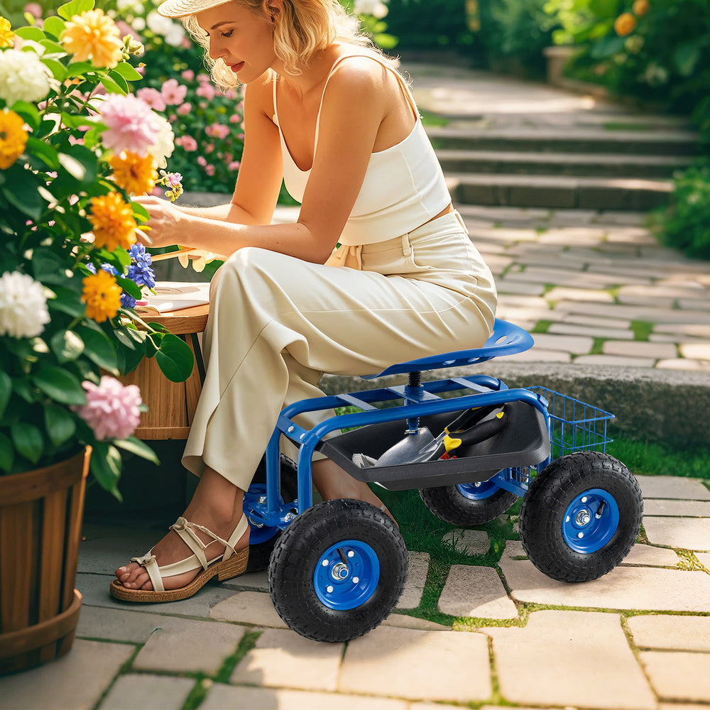 Blue 4-wheel rolling garden cart work seat with ergonomic design, tool tray, and large wheels for easy mobility.