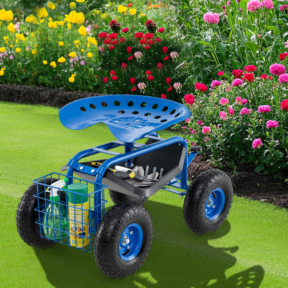 4-wheel rolling garden cart work seat in blue with ergonomic seat, tool tray, and storage basket for gardening.