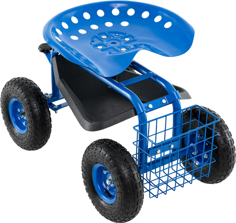 Blue 4-wheel rolling garden cart with ergonomic seat, tool tray, and storage basket for convenient gardening tasks.