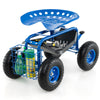 Rolling garden cart work seat in blue with ergonomic seat, tool tray, and storage basket for easy gardening tasks.