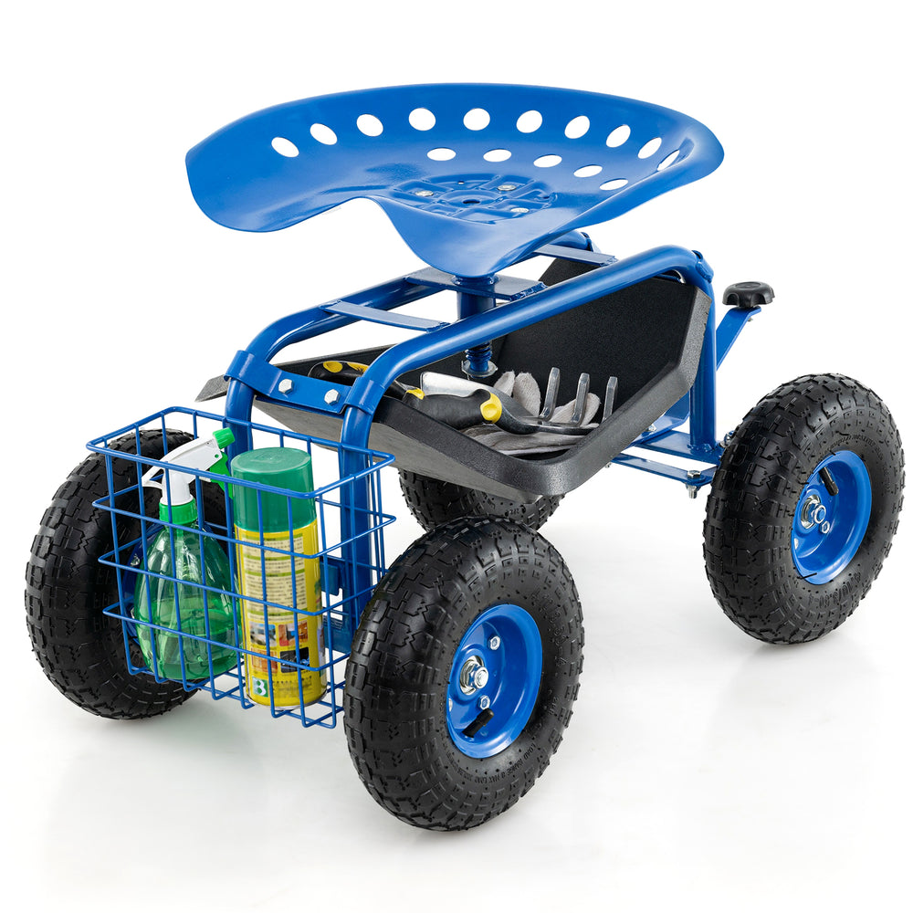 Rolling garden cart work seat in blue with ergonomic seat, tool tray, and storage basket for easy gardening tasks.