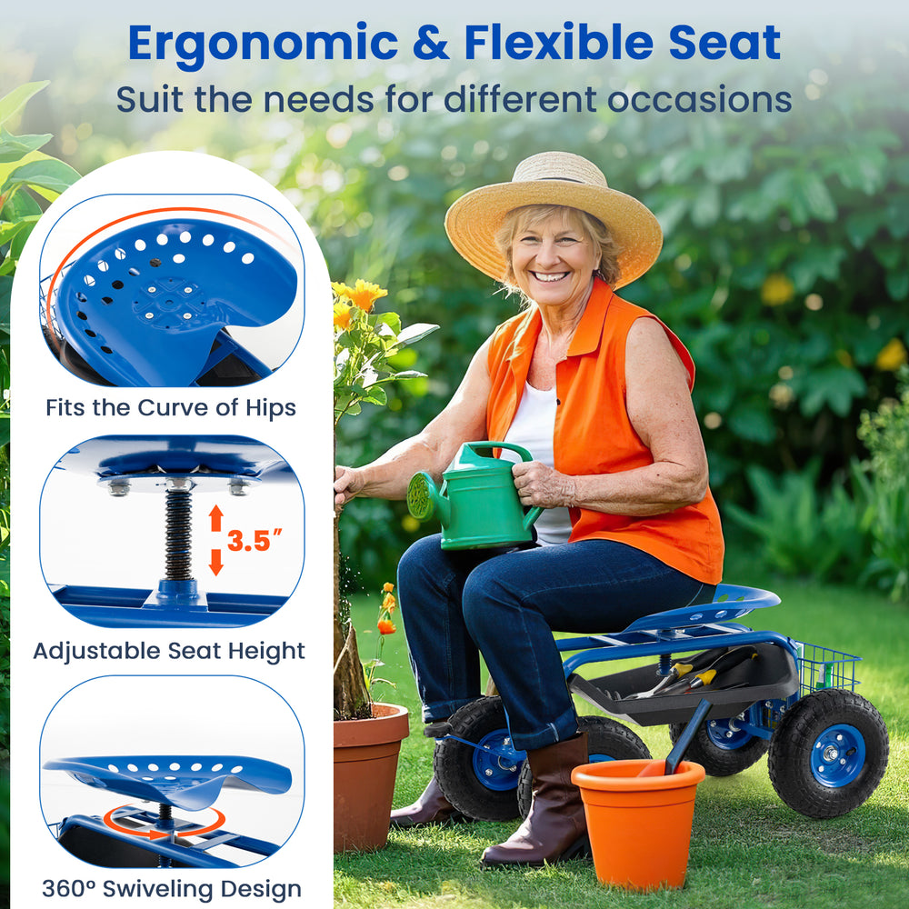 Ergonomic blue rolling garden cart seat with adjustable height, 360° swivel, and tool storage for comfortable gardening.