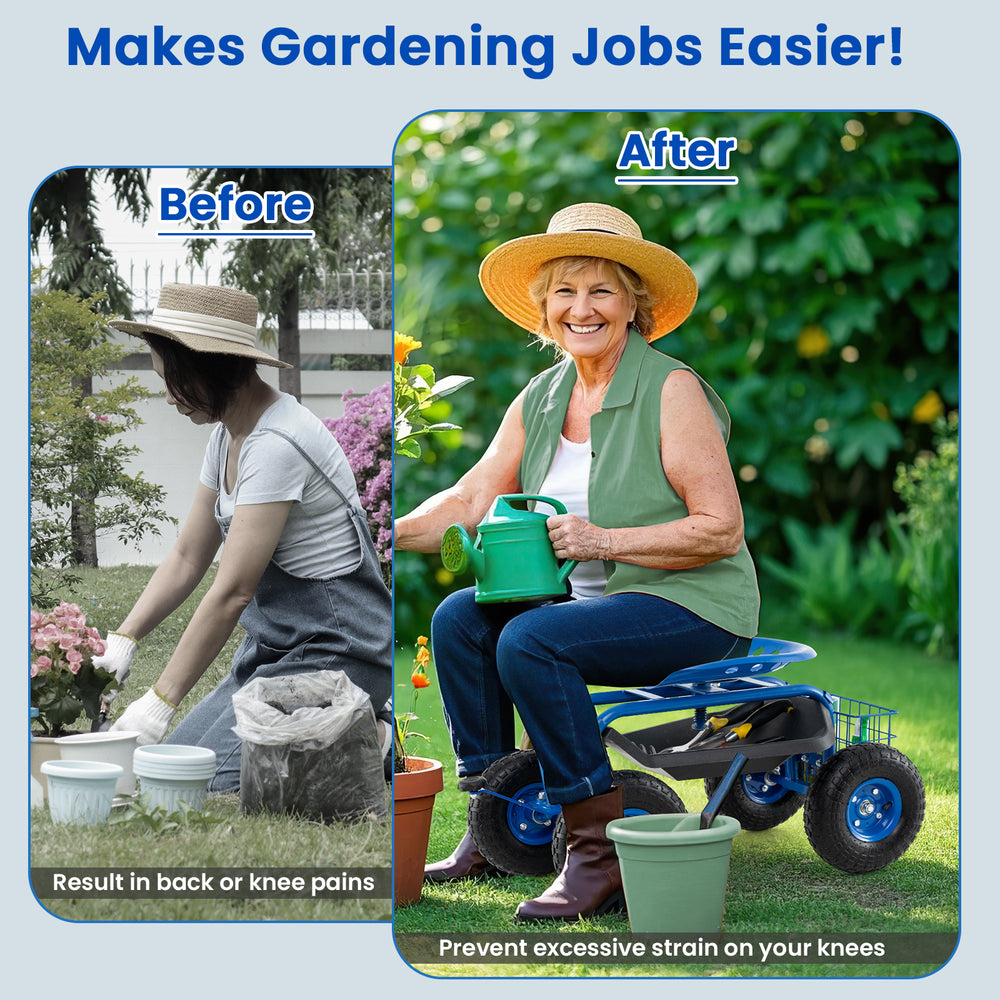 4-wheel rolling garden cart work seat in blue, featuring ergonomic design and tool storage, ideal for comfortable.
