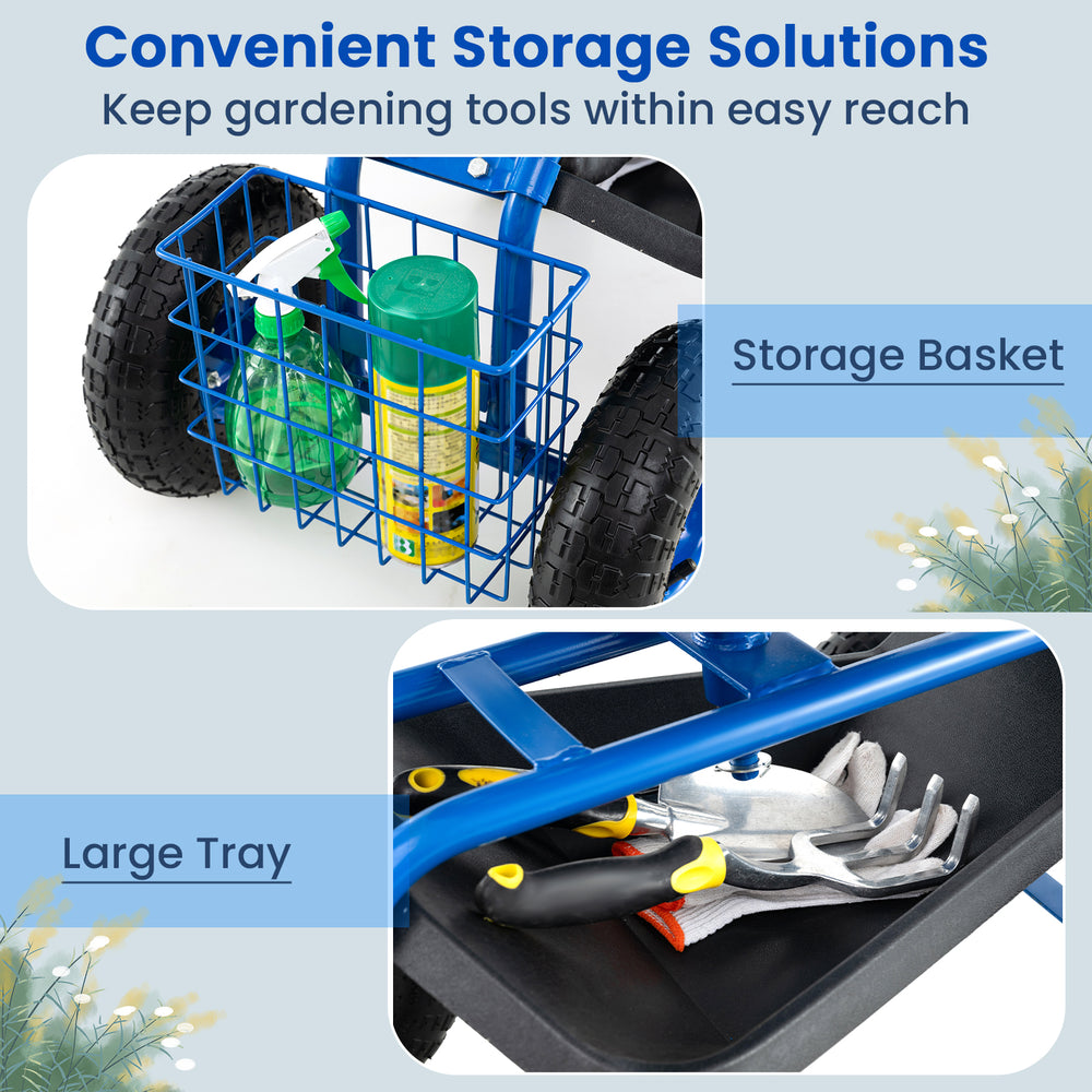 Rolling garden cart with storage basket and large tool tray, featuring a sturdy blue frame and ergonomic seat.