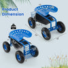 4-wheel rolling garden cart in blue with adjustable seat, tool tray, and large rubber tires for comfortable outdoor use.