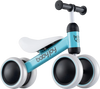 Baby balance bike in blue with 4 wheels, soft padded seat, and anti-slip handlebars for toddlers aged 2 and up.