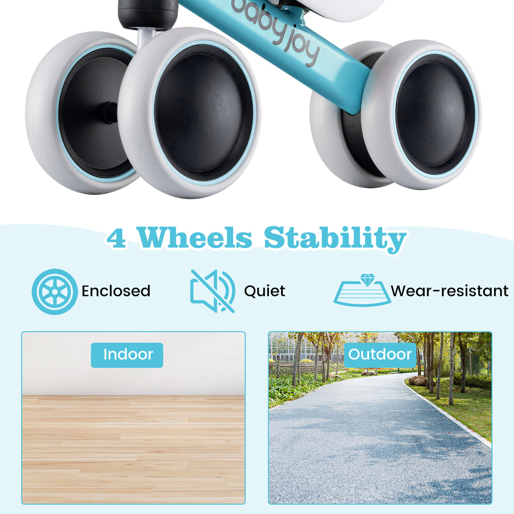 Four enclosed wheels of the Baby Balance Bike in blue, designed for stability and quiet indoor or outdoor use.
