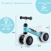 Baby balance bike in blue with 4 wheels, soft padded seat, and TPE handlebars, suitable for toddlers aged 2+.