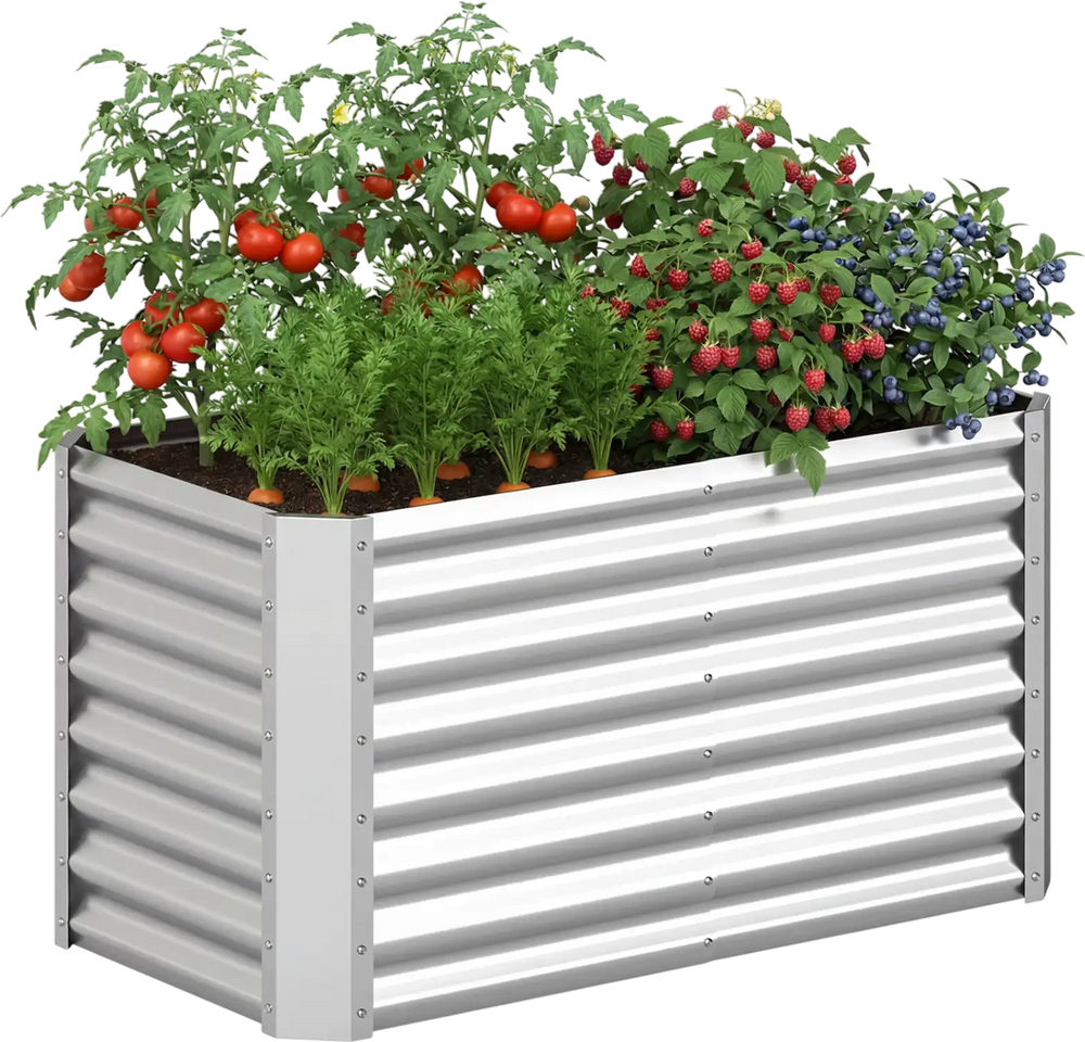 Galvanized raised garden bed with tomatoes, carrots, and berries, ideal for backyard planting and ergonomic gardening.