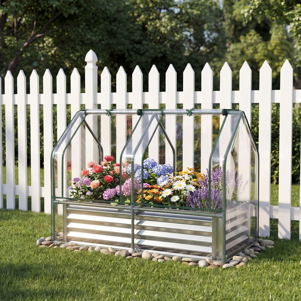 4 x 2 x 3 Feet Small Galvanized Raised Garden Bed with Greenhouse Cover-Silver - Gallery View 1 of 10