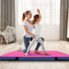 Bi-folding 4ft x 4ft x 4in pink gymnastic tumbling mat with handles, ideal for yoga and kids' activities.