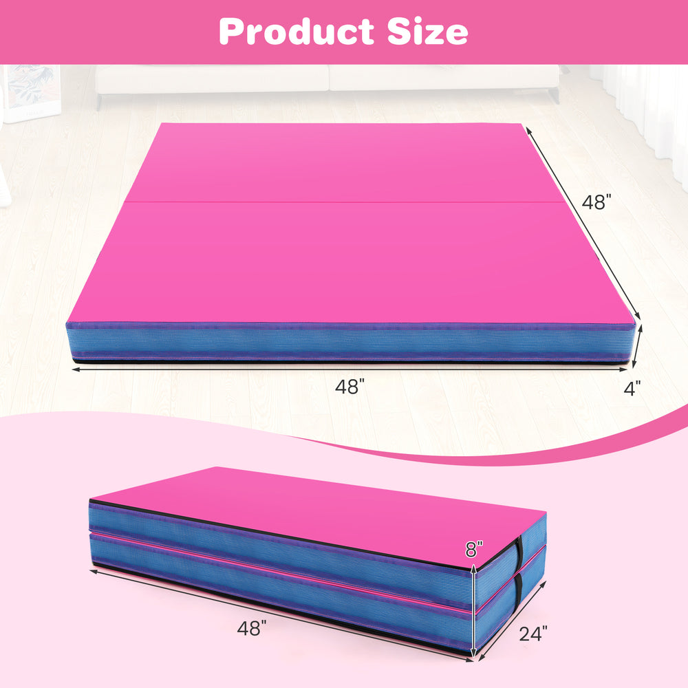 Bi-folding pink gymnastic tumbling mat, 4ft x 4ft x 4in, with waterproof cover and carry straps for easy transport.