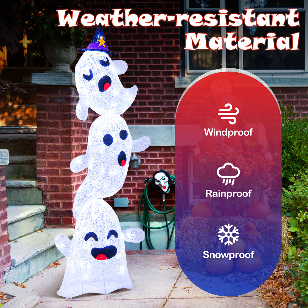 Stacked ghosts Halloween decoration with 120 LED lights, weather-resistant for outdoor use, perfect for festive.