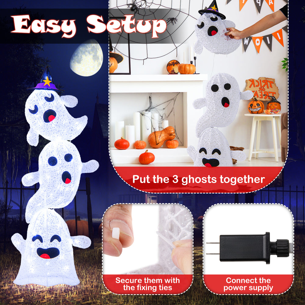 Stacked ghosts Halloween decoration with 120 LED lights, perfect for outdoor use and easy setup for festive displays.