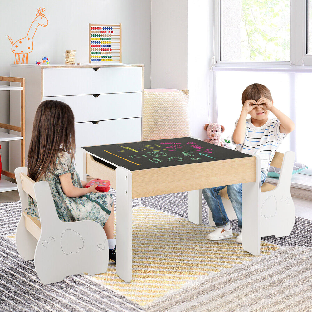 4-in-1 Wooden Activity Kids Table and Chairs with Storage and Detachable Blackboard-White - Gallery View 1 of 11
