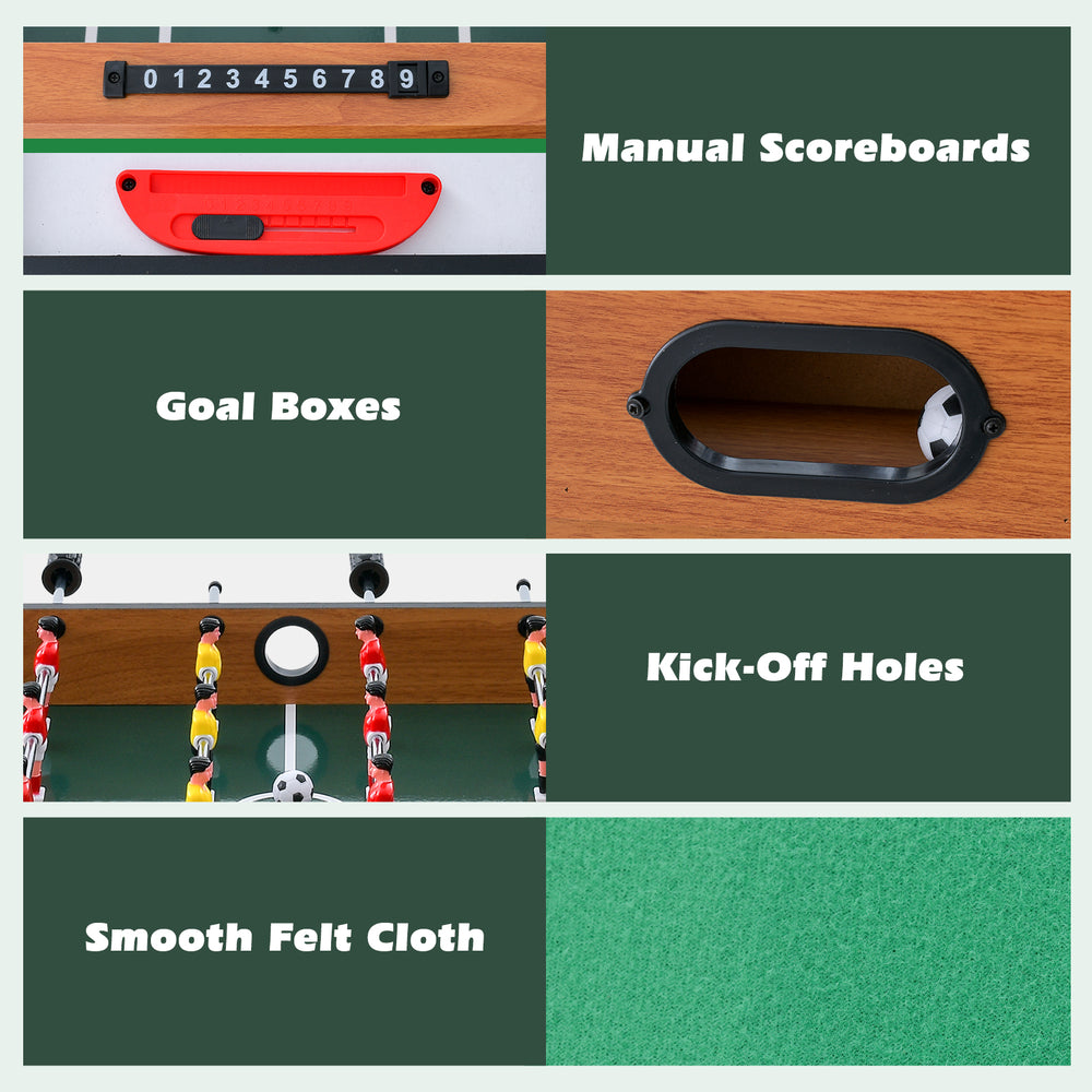 Manual scoreboards and goal boxes on the 4-in-1 combo game table set for foosball, billiards, and hockey.