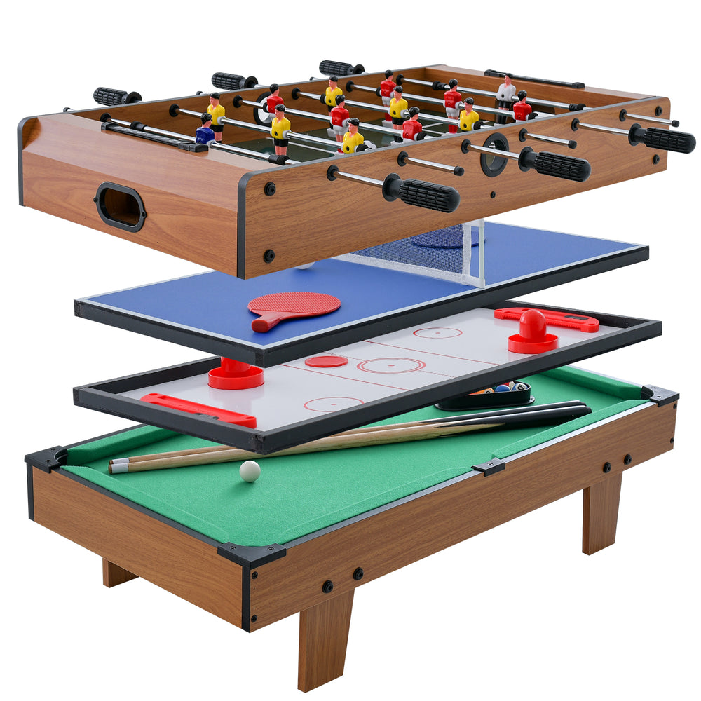 4-in-1 combo game table set featuring foosball, billiards, table tennis, and hockey for versatile family fun.
