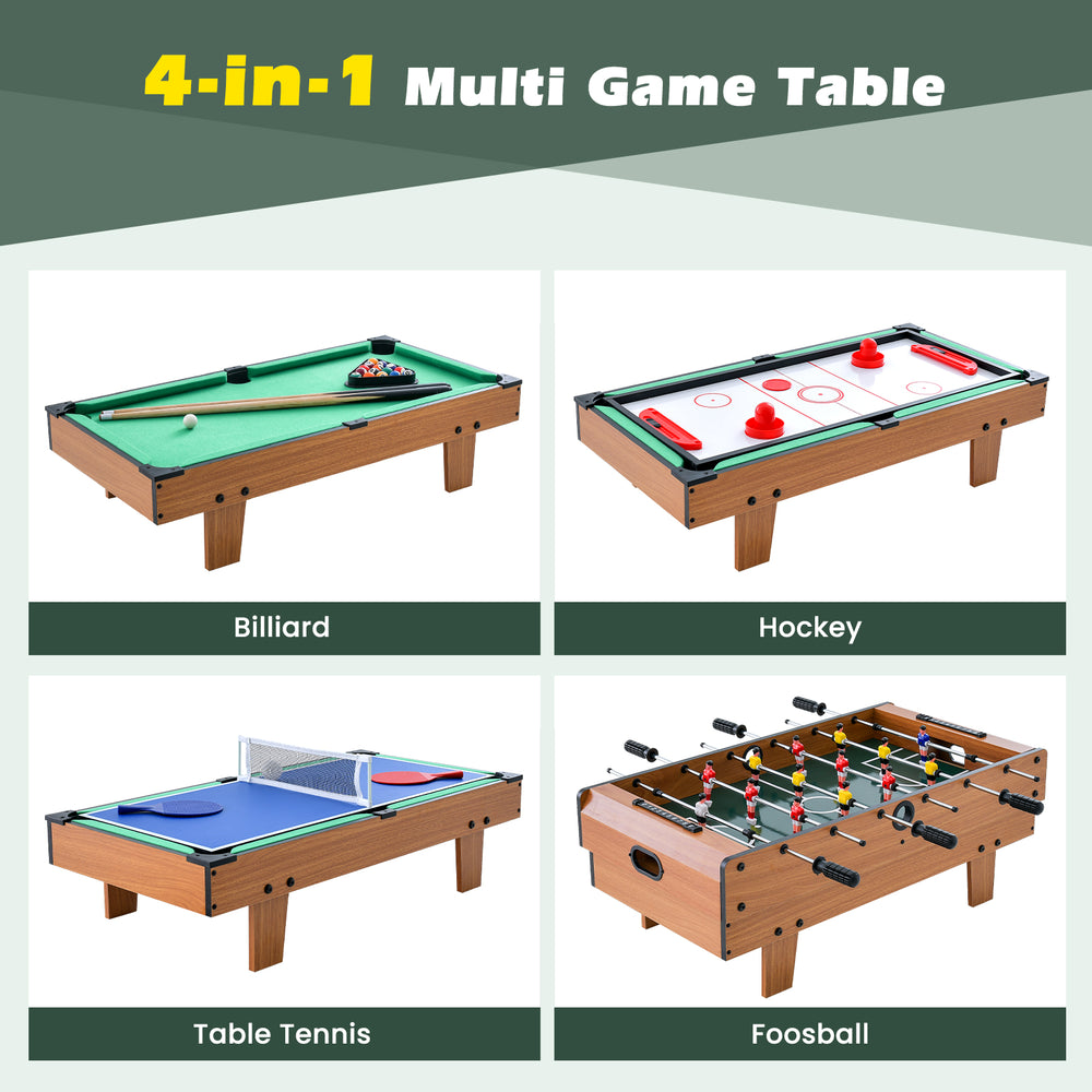 4-in-1 multi game table featuring foosball, billiards, table tennis, and hockey for family fun and gatherings.