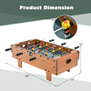 Foosball table with dimensions 32"x17"x12", featuring colorful player figures and manual scoreboards for 4-in-1.