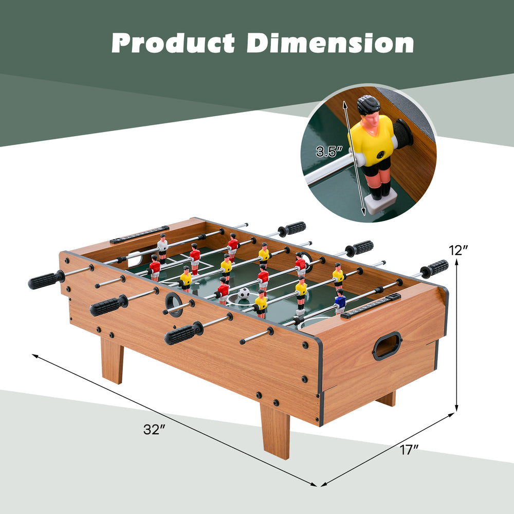 Foosball table with dimensions 32"x17"x12", featuring colorful player figures and manual scoreboards for 4-in-1.
